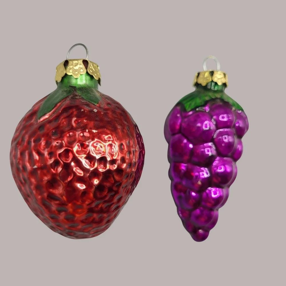 Vintage Glass Fruit Christmas Ornaments Strawberry & Grape Set Holiday Decor